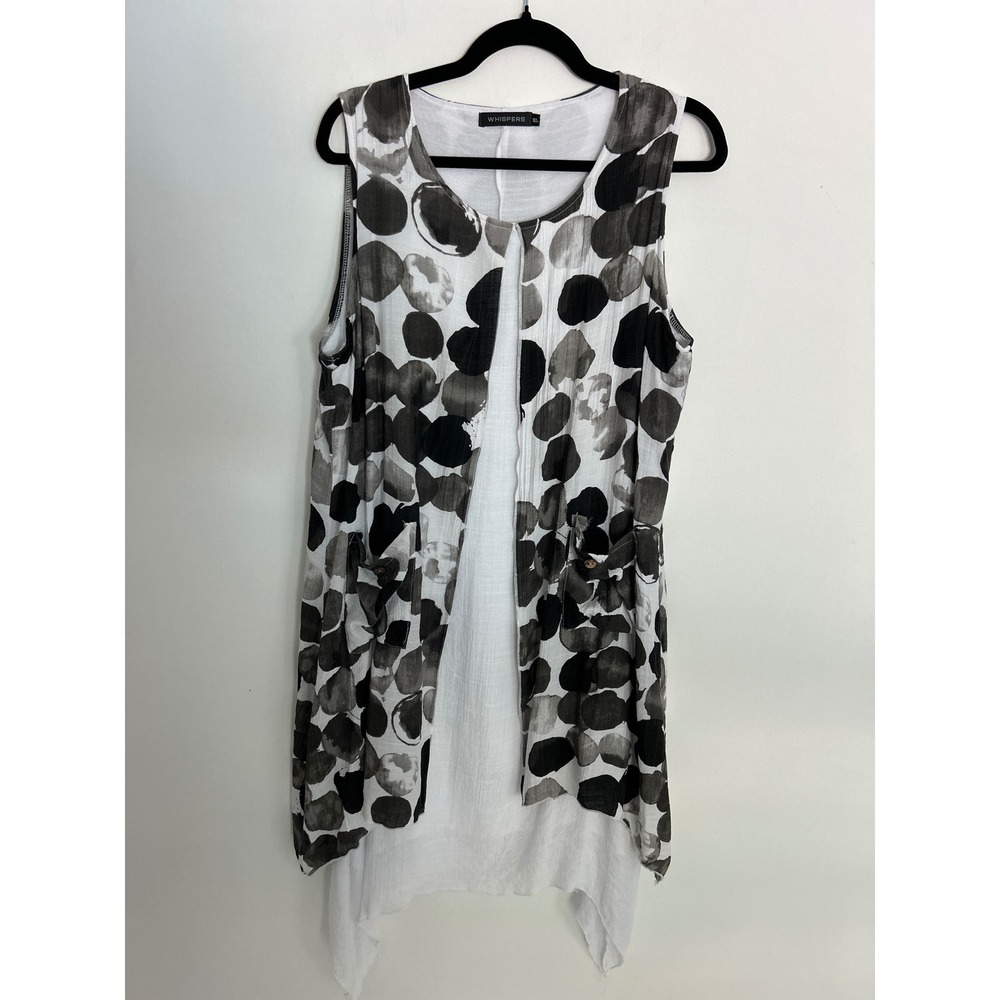 Whispers Womens XL Polka Dot Layered Tunic Sleeveless Gauze Dress Black White
